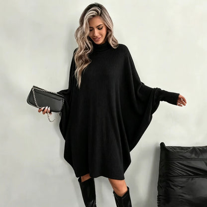 Mock Neck Batwing Ribbed Knit Tunic Dress