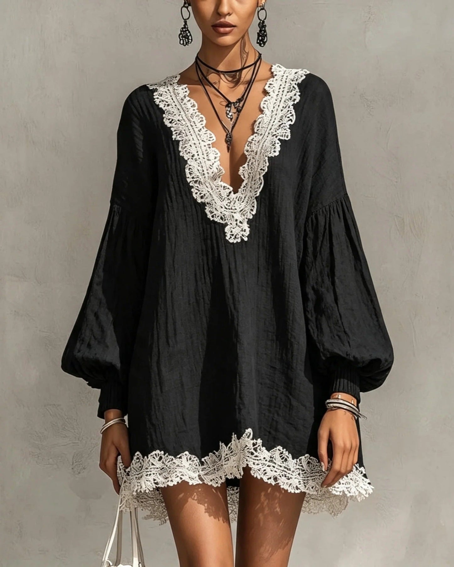 Black Contrast Lace Trim Crinkled Tunic Mini Dress