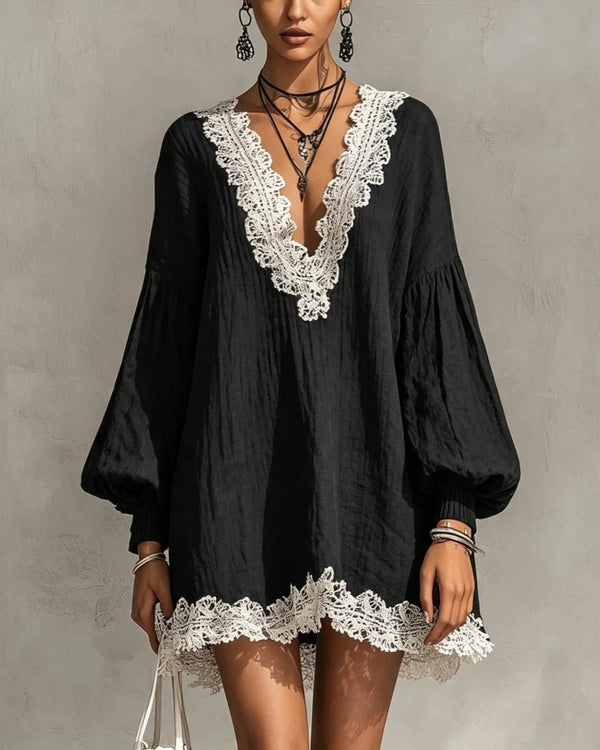 Black Contrast Lace Trim Crinkled Tunic Mini Dress