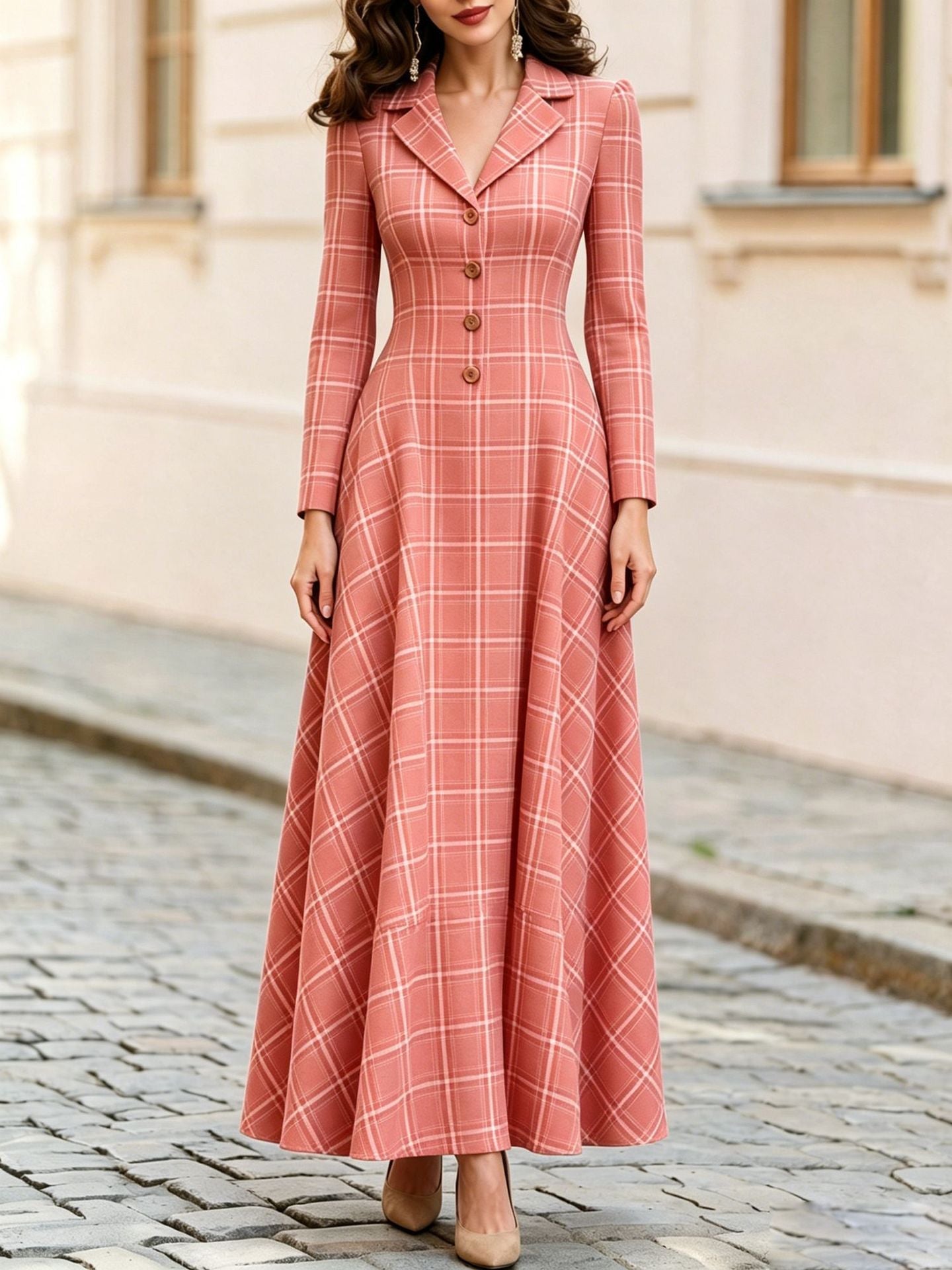 Classic Plaid Long Sleeve Maxi Dress