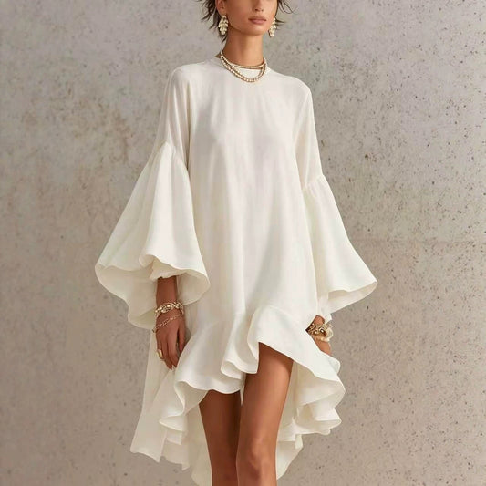 Satin Round Neck Oversized Bell Sleeve High Low Ruffle Mini Tunic Dress