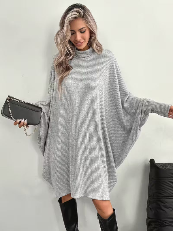 Mock Neck Batwing Ribbed Knit Tunic Dress
