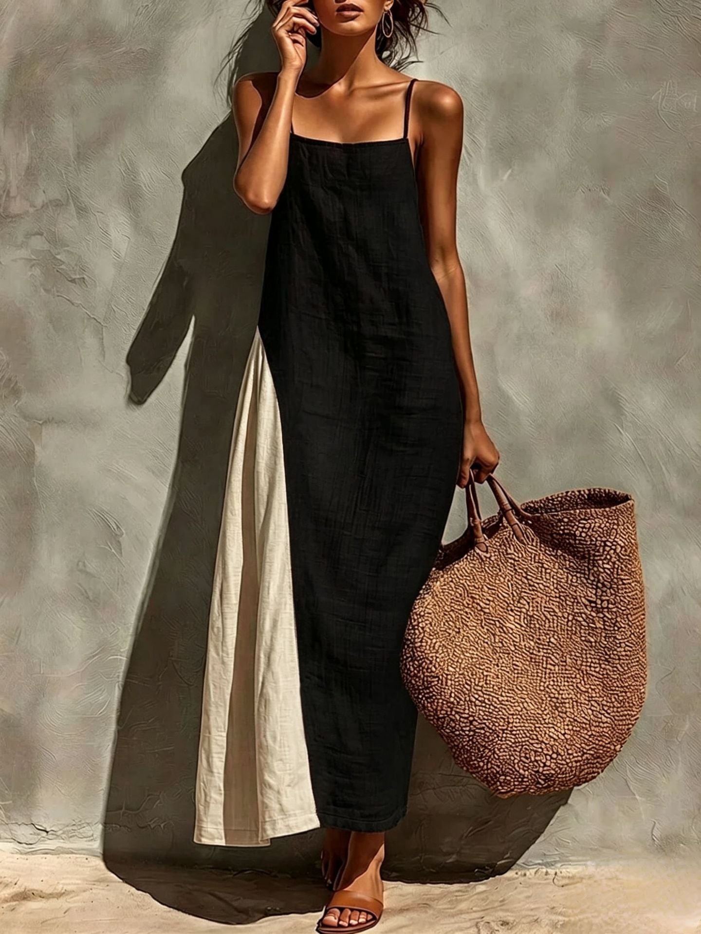 Block Spaghetti Strap Linen Asymmetrical Maxi Dress