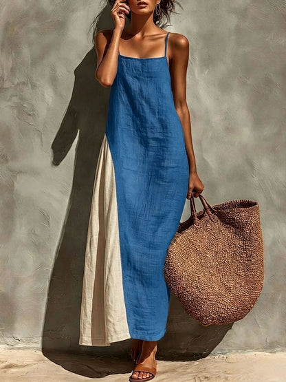 Block Spaghetti Strap Linen Asymmetrical Maxi Dress