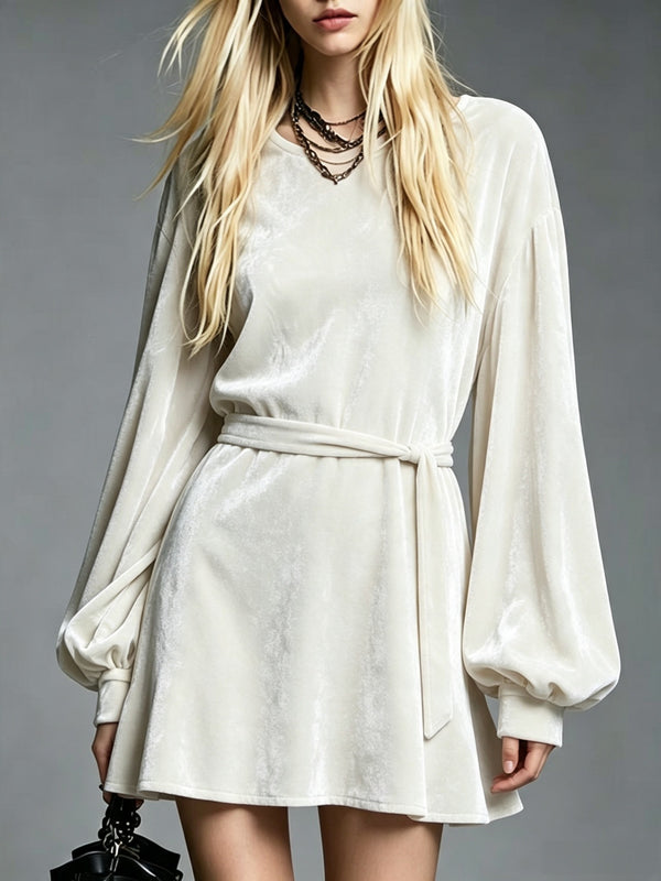 Velvet Tie‑Waist Balloon Long Sleeve Mini Dress