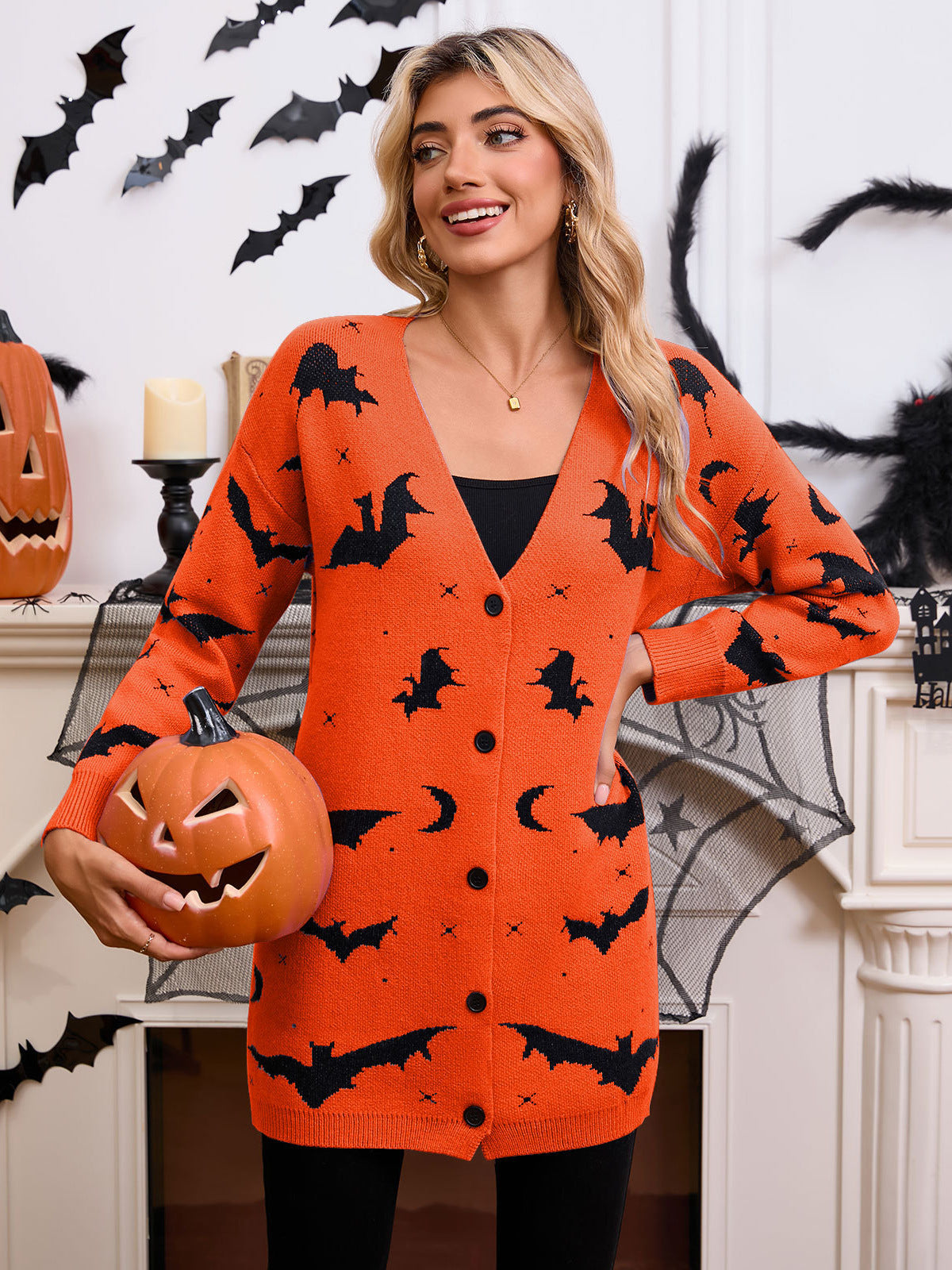 Women's Halloween Bat Moon Print V Neck Long Sleeve Button Front Knit Cardigan