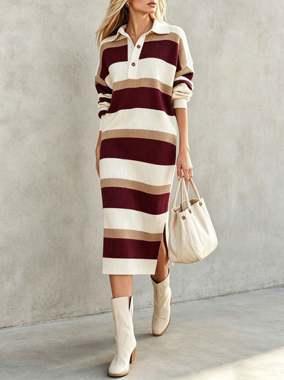 Striped Polo Collar Knit Midi Dress