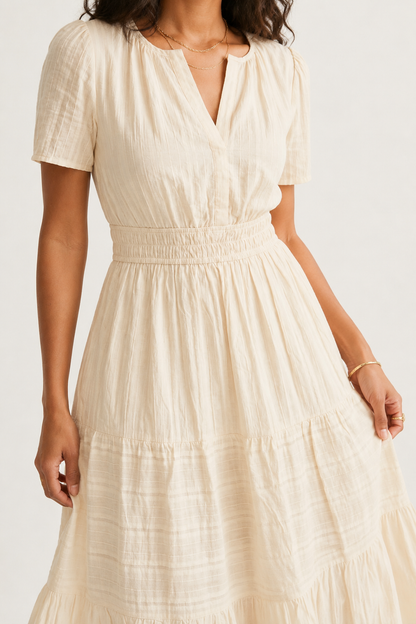 Tiered Notched Short Sleeve Dress