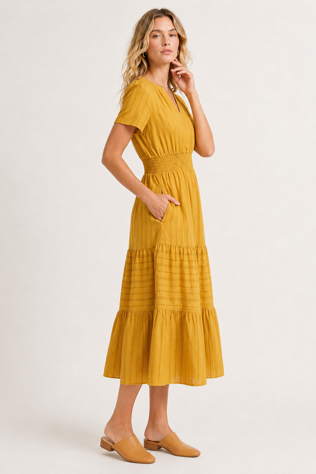 Tiered Notched Short Sleeve Dress