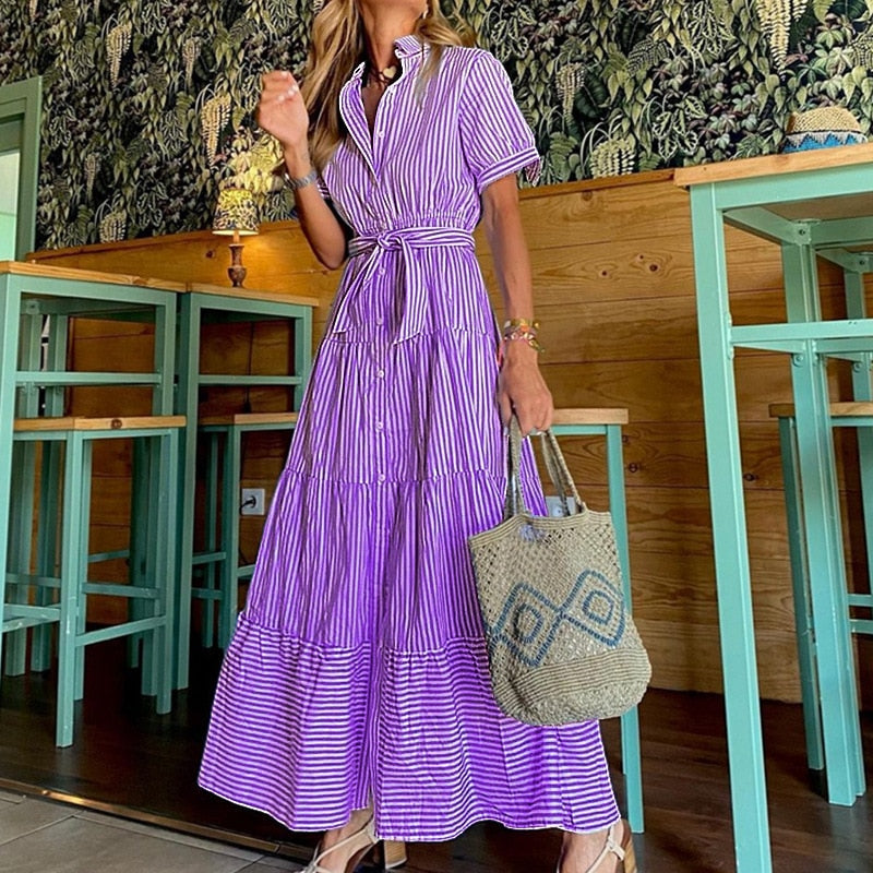 Fashionable Striped Print Short-Sleeved Loose Maxi Dress
