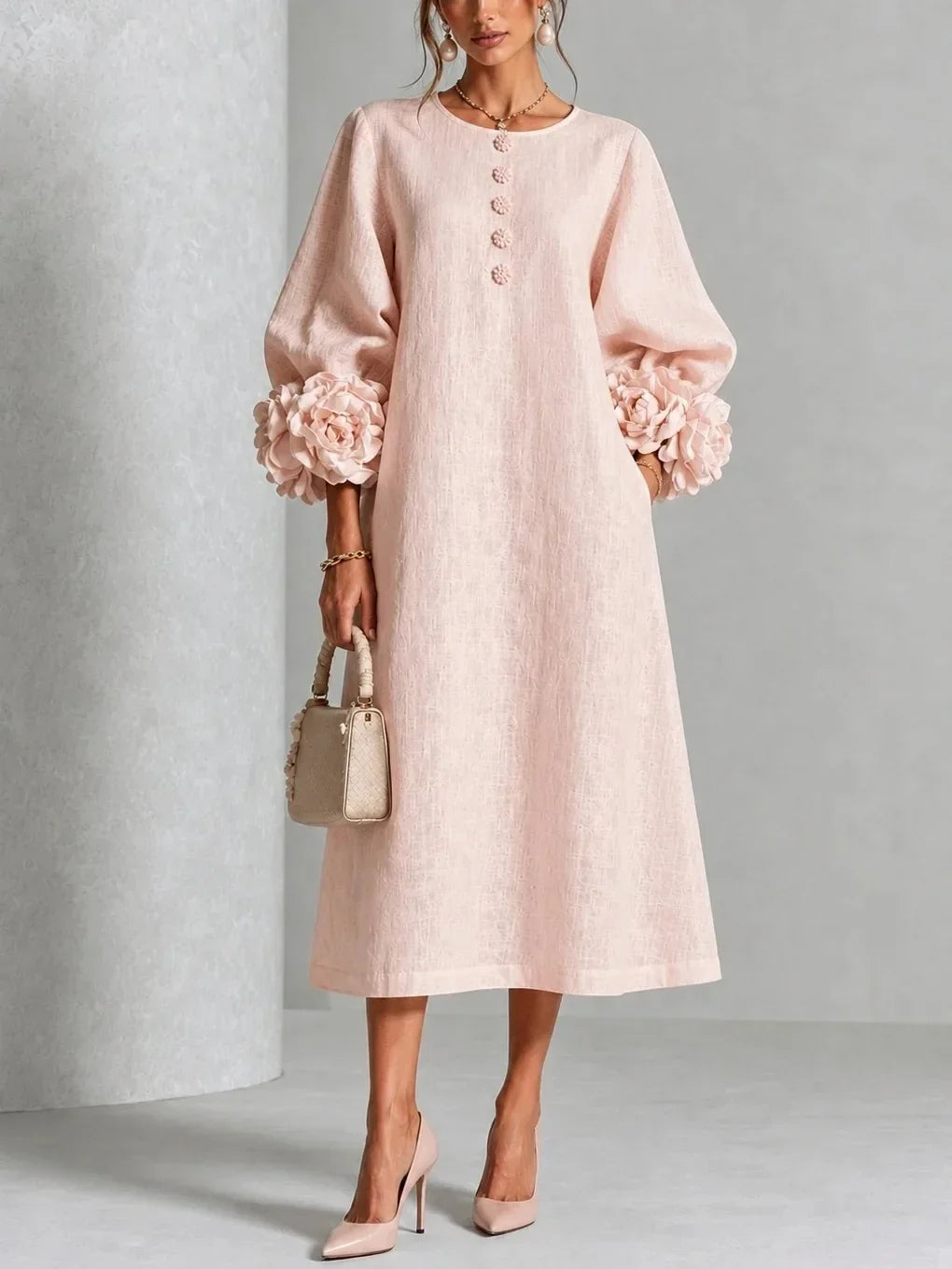 Women's Elegant Floral Cuff Midi Dress