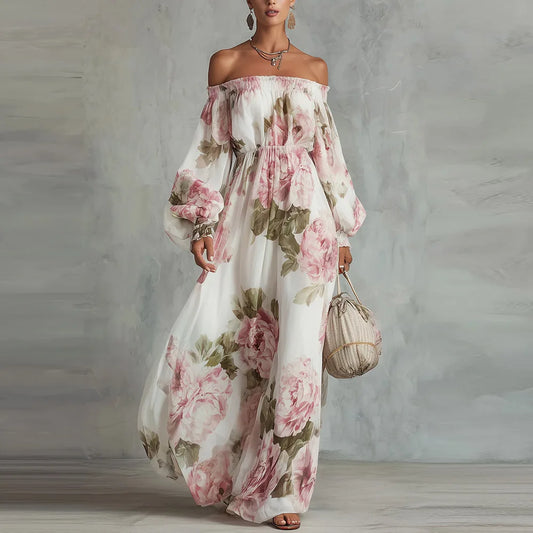 Floral Off Shoulder Maxi Dress Long Sleeve