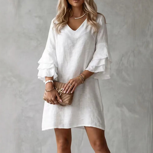 Elegant Mini Dress for Women with V Neck Ruffle Plus Size Flowy Casual Style