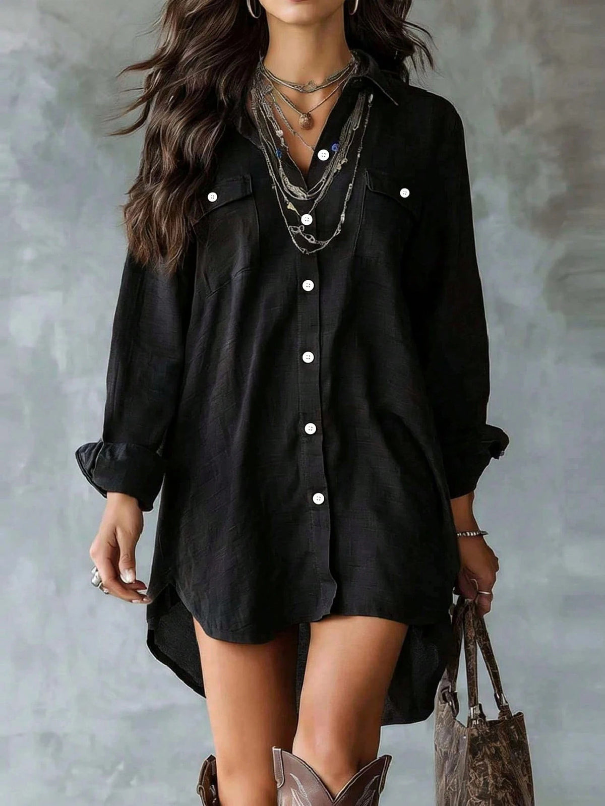 Long-Sleeved Button-Down Cotton-Linen Shirt Dress
