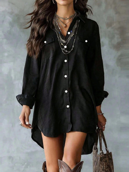 Long-Sleeved Button-Down Cotton-Linen Shirt Dress