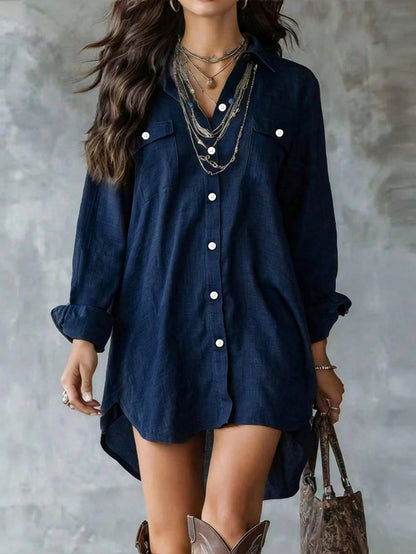 Long-Sleeved Button-Down Cotton-Linen Shirt Dress