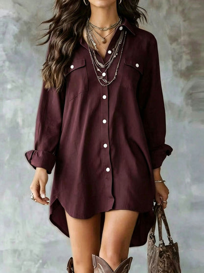 Long-Sleeved Button-Down Cotton-Linen Shirt Dress