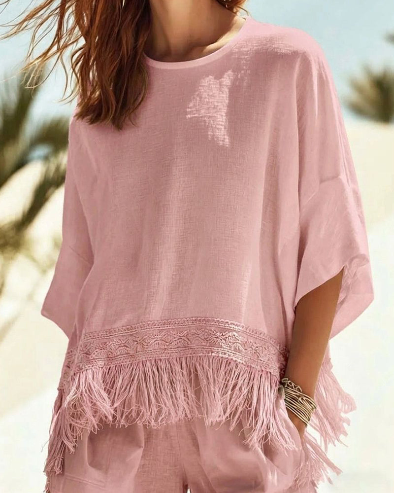 Women's Linen Blend Round Neck Short Sleeve Fringe Hem Loose Summer Blouse
