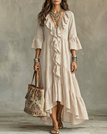 Flowy Vacation Deep V-neck Ruffled Dress