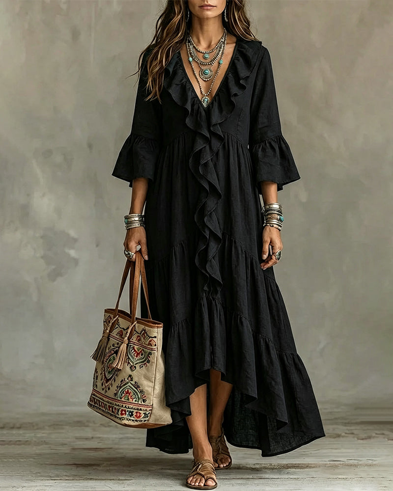 Flowy Vacation Deep V-neck Ruffled Dress
