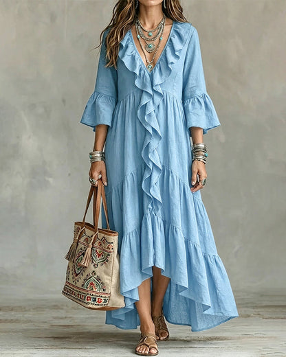 Flowy Vacation Deep V-neck Ruffled Dress