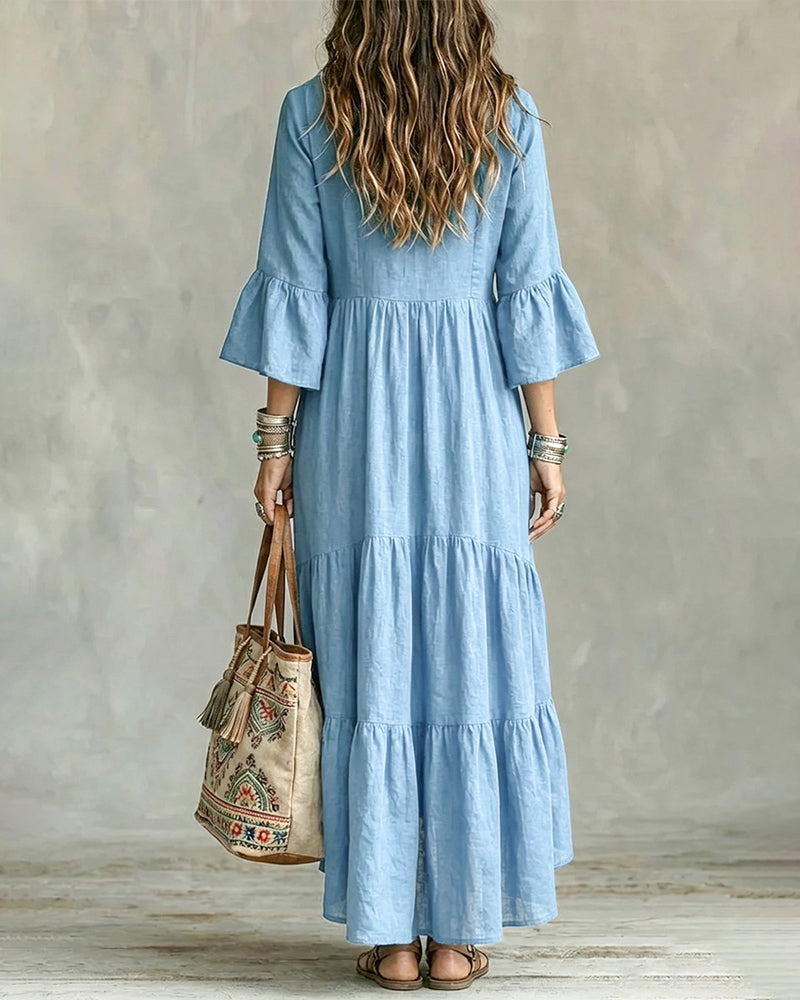 Flowy Vacation Deep V-neck Ruffled Dress