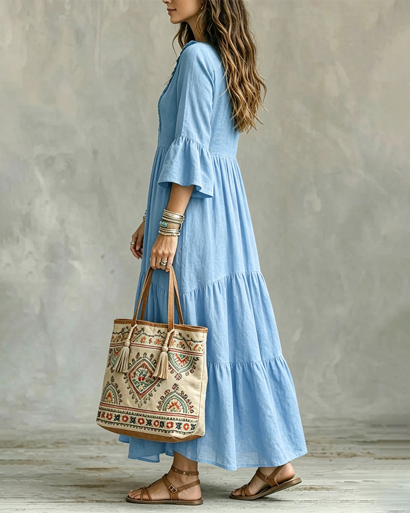 Flowy Vacation Deep V-neck Ruffled Dress