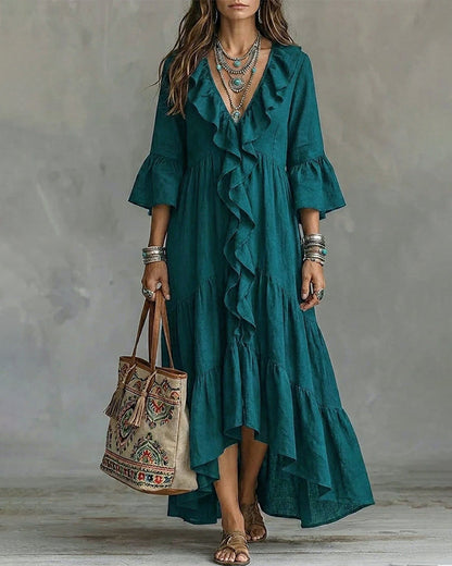 Flowy Vacation Deep V-neck Ruffled Dress