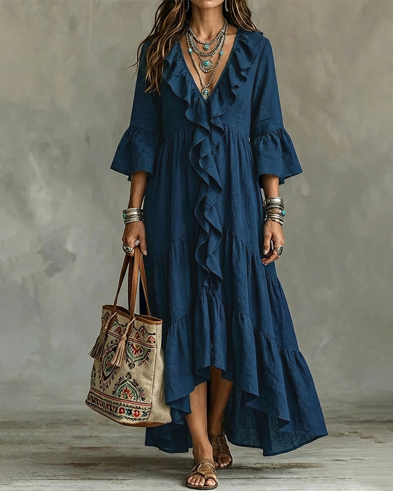 Flowy Vacation Deep V-neck Ruffled Dress