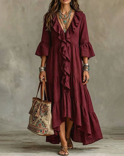 Flowy Vacation Deep V-neck Ruffled Dress