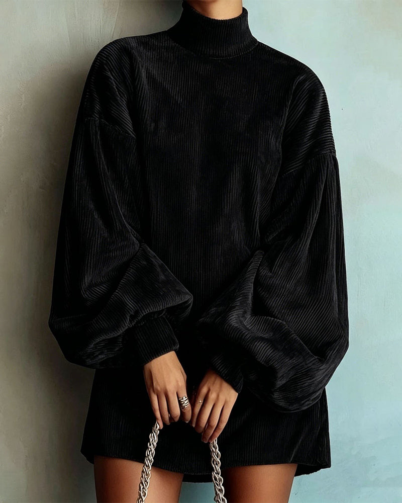 Women's Solid Ribbed Velvet Turtleneck Balloon Long Sleeve Mini Dress
