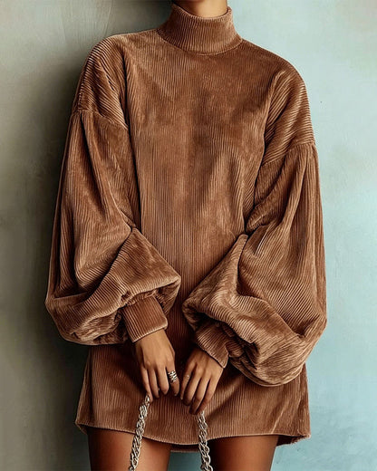 Women's Solid Ribbed Velvet Turtleneck Balloon Long Sleeve Mini Dress