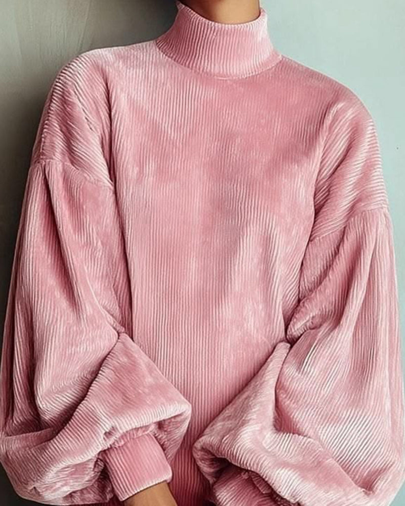 Women's Solid Ribbed Velvet Turtleneck Balloon Long Sleeve Mini Dress