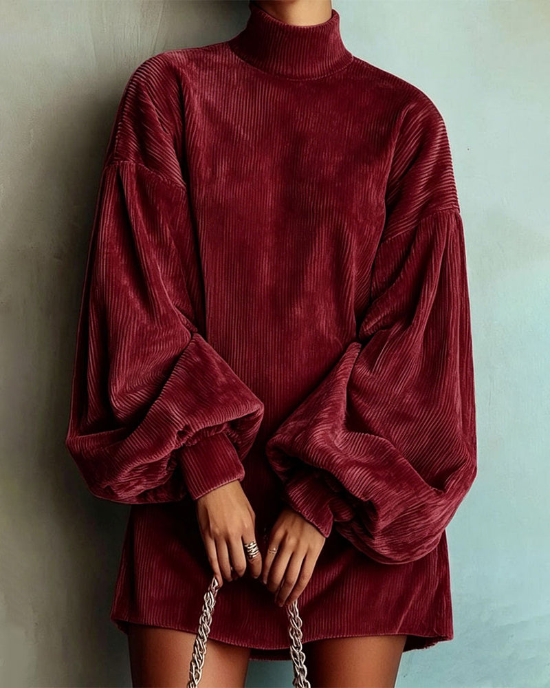 Women's Solid Ribbed Velvet Turtleneck Balloon Long Sleeve Mini Dress