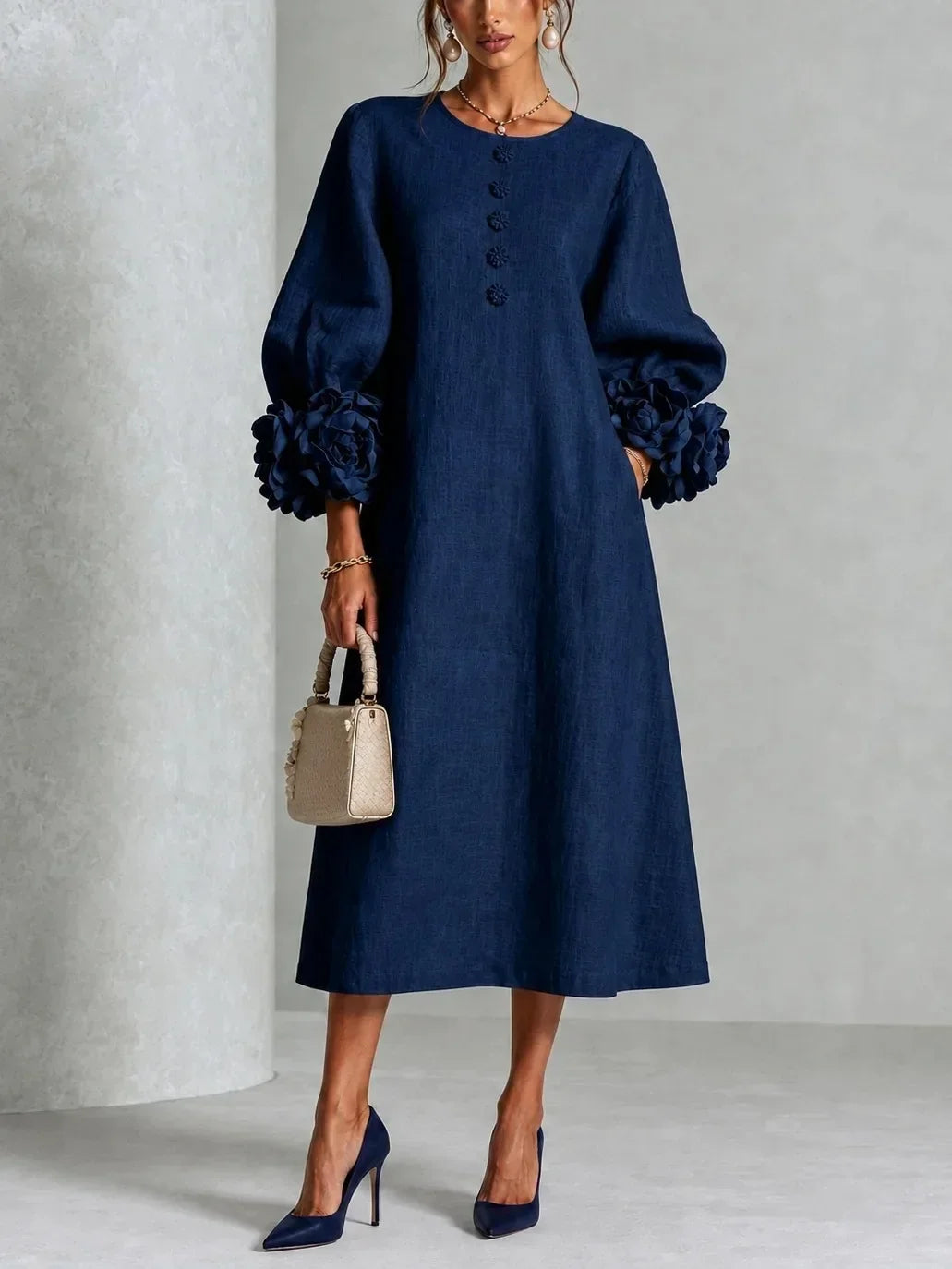 Women's Elegant Floral Cuff Midi Dress