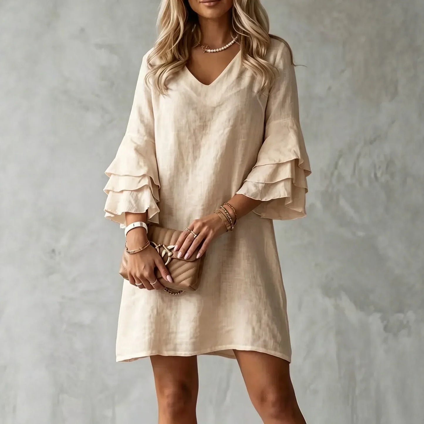 Elegant Mini Dress for Women with V Neck Ruffle Plus Size Flowy Casual Style