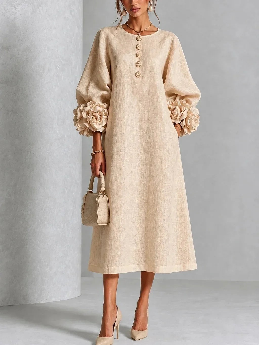 Women's Elegant Floral Cuff Midi Dress