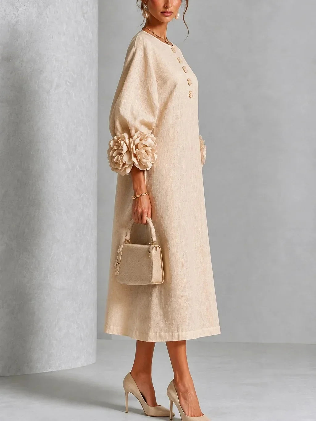 Women's Elegant Floral Cuff Midi Dress