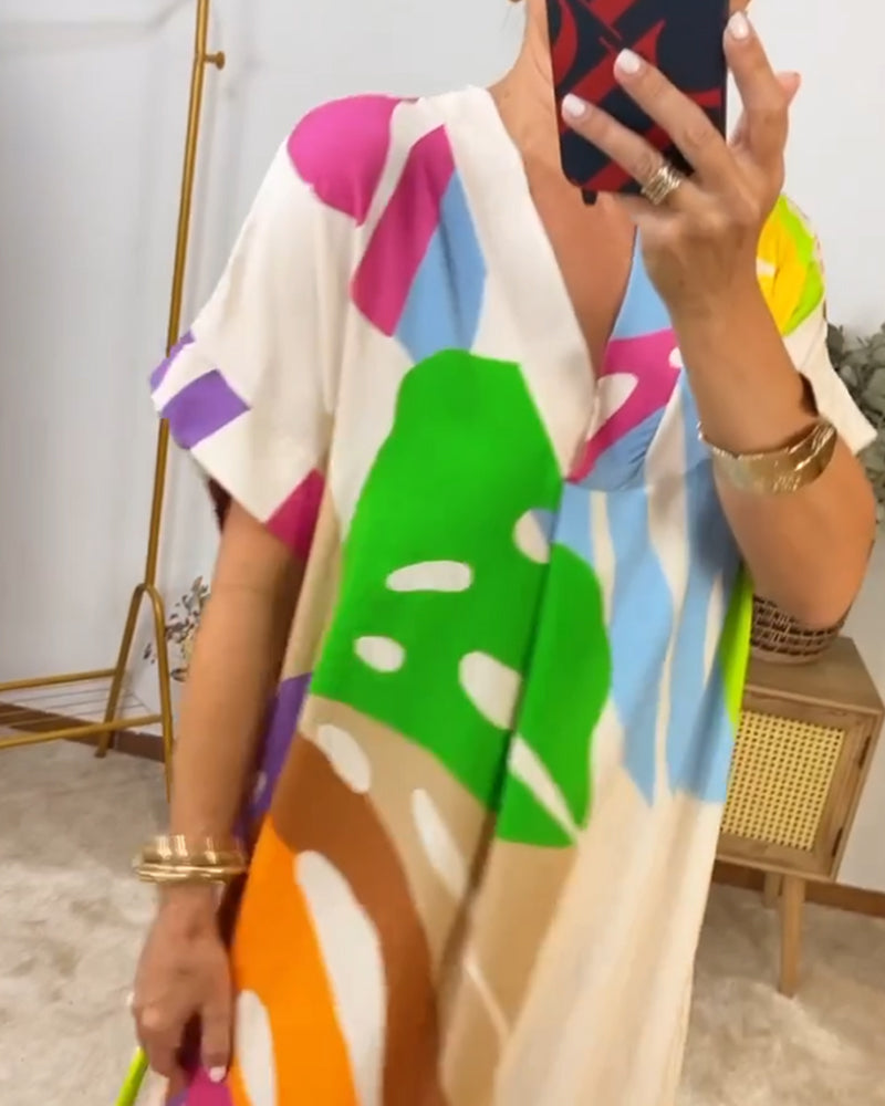 Colorful leaf print casual dress