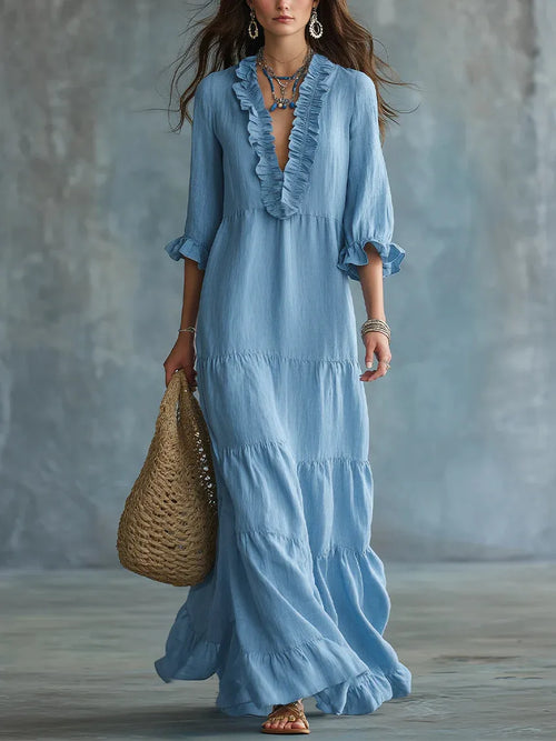 Solid Color Bohemian Boho Dress with Deep V Neckline and Half Sleeves, Casual Style in Polyester Fabric - Nihaojewelry