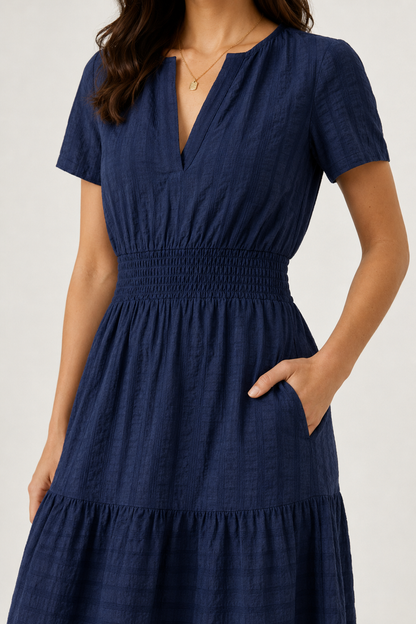 Tiered Notched Short Sleeve Dress