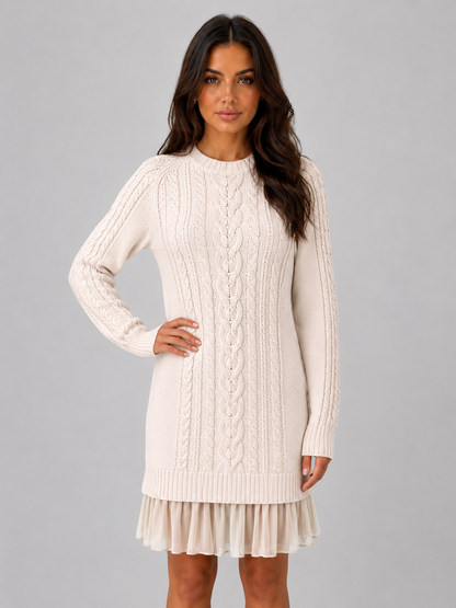 Women's Cable Knit Sweater Dress – Pleated Hem Mini Style