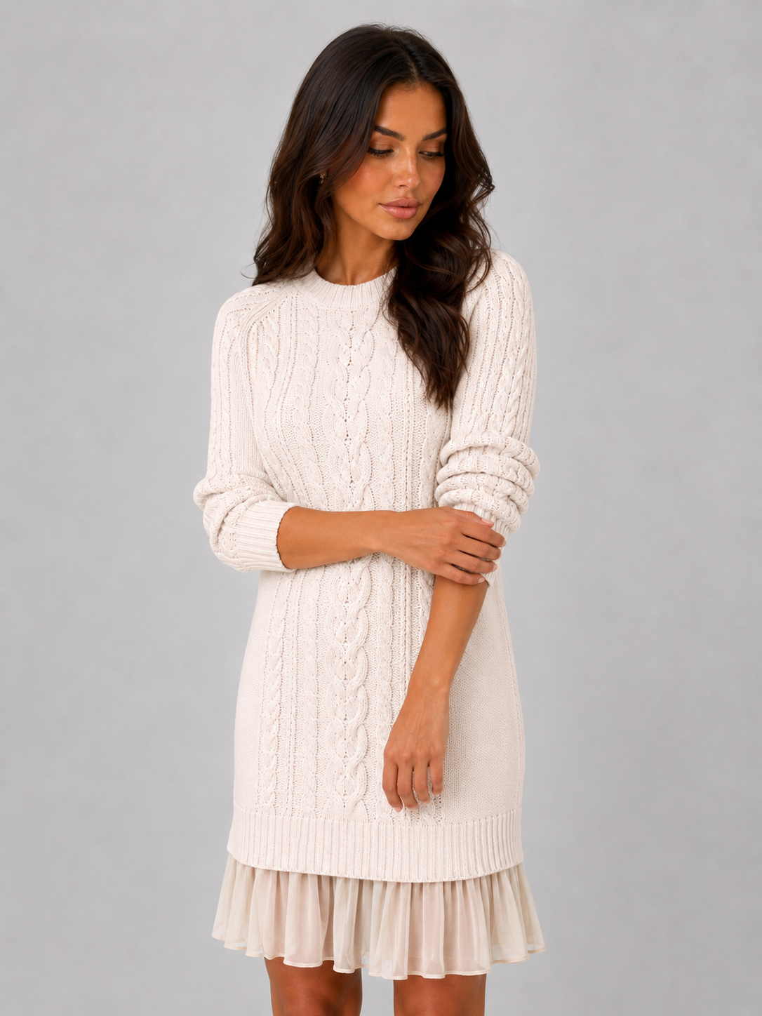 Women's Cable Knit Sweater Dress – Pleated Hem Mini Style