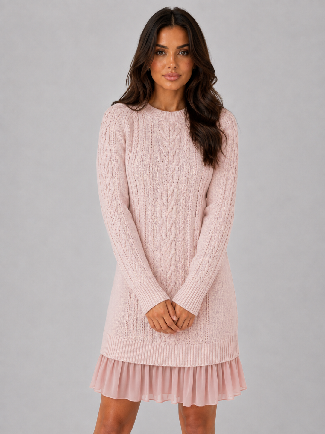Women's Cable Knit Sweater Dress – Pleated Hem Mini Style