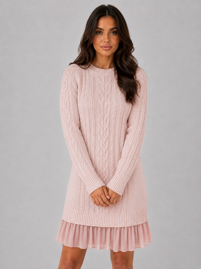 Women's Cable Knit Sweater Dress – Pleated Hem Mini Style