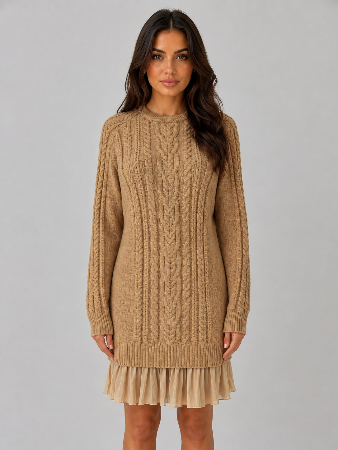 Women's Cable Knit Sweater Dress – Pleated Hem Mini Style
