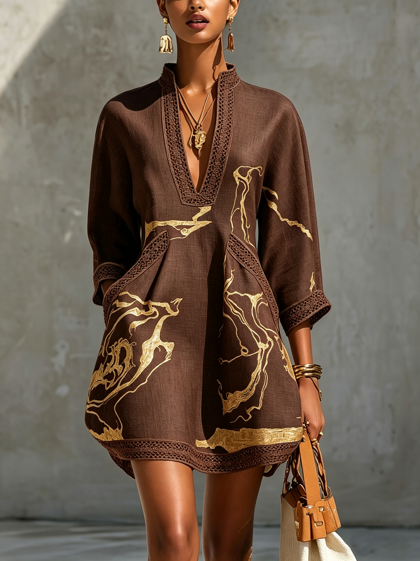 Black Gold Printed V-neck Crochet Lace Mini Dress