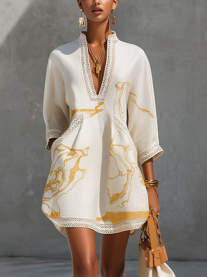 Black Gold Printed V-neck Crochet Lace Mini Dress