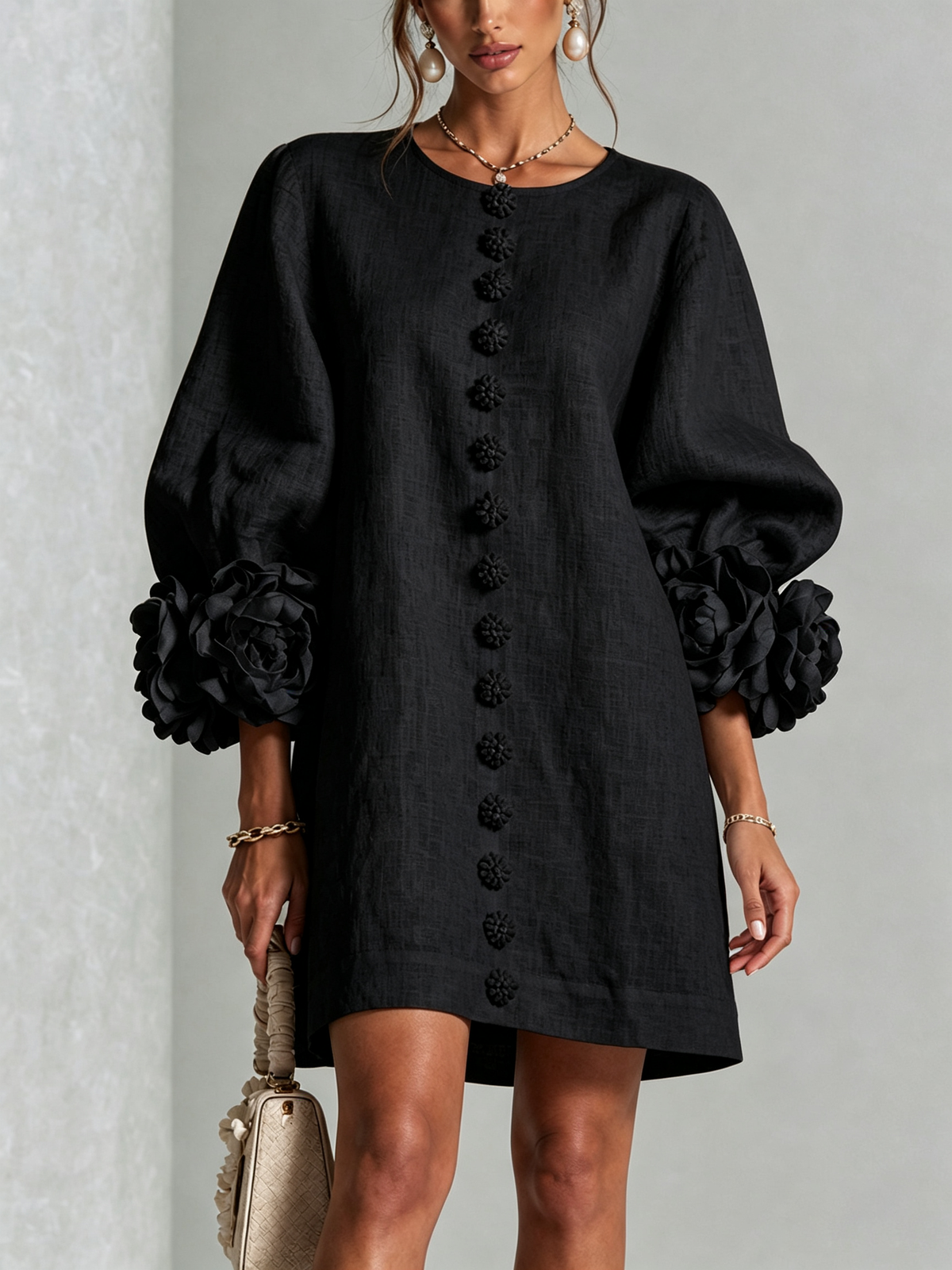 3D Floral Cuff Linen Mini Dress