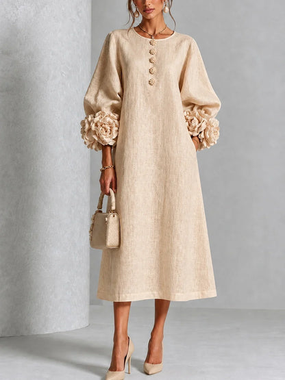 Floral Button-down Midi Dress With Striking Floral Cuffs